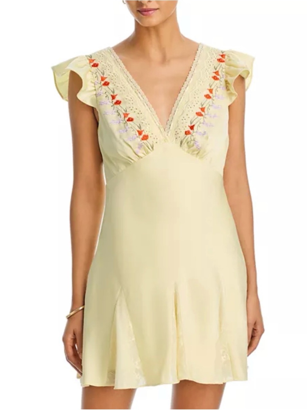 Lisa Says Gah Pale Yellow Embroidered V-Neck Mini Dress